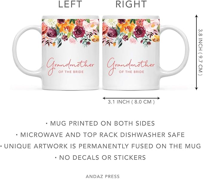 Andaz Press 11oz. Wedding Ceramic Coffee Tea Mug Gift, Fall Autumn Burgundy Orange Peach Flowers Roses Florals, Grandmother of the Bride, 1-Pack, Includes Gift Box