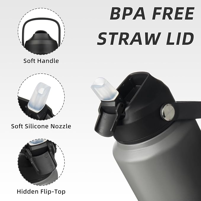BJPKPK Water Bottle with Straw Lid, 32oz Vacuum Insulated Water Bottles, Metal Stainless Steel Thermos for Sports, Travel, BPA Free Leak Proof Thermos, Cups, Flasks, Tumblers,Black Grey