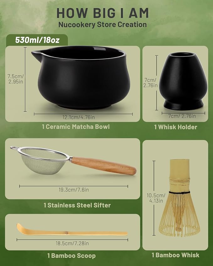 Nucookery Matcha Set - 5PCS Matcha Whisk Set, 18OZ Matcha Bowl (Chawan) with Spout, Matcha Whisk (Chasen) and Holder, Bamboo Matcha Scoop and Sifter, Matcha Kit/Tools/Accessories for Tea Ceremony
