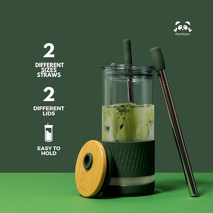 Pandaloo® Glass Cups With Lids and Straws -20 Fl Oz- Perfect Size Iced Coffee Cup - Smoothie Cup With Bamboo Lid and On the go Lid - Glass Tumbler With Straw (1 Count (Pack of 1), Maracuja Dream)