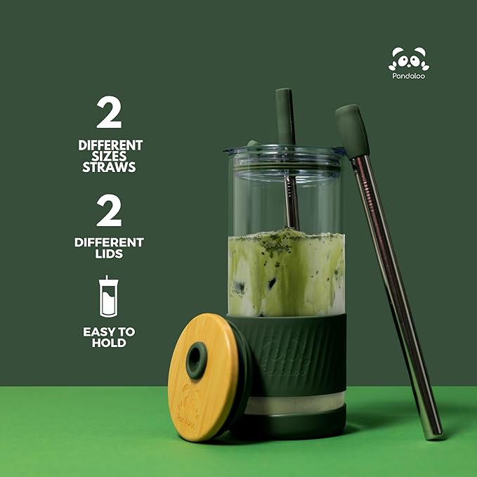 Pandaloo® Glass Cups With Lids and Straws -20 Fl Oz- Perfect Size Iced Coffee Cup - Smoothie Cup With Bamboo Lid and On the go Lid - Glass Tumbler (2 Count (Pack of 1), Boysenberry-Intense Teal)