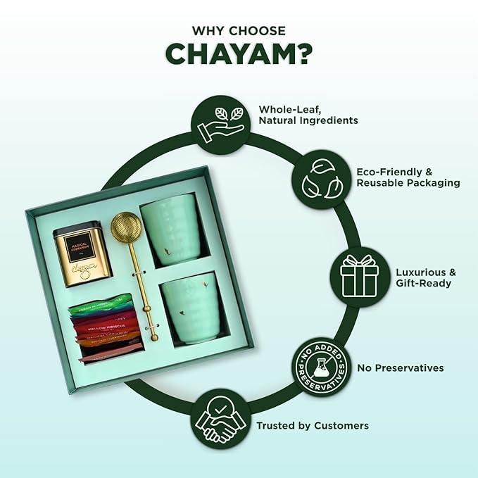 CHAYAM Luxury Tea Gift Set |10 Assorted Tea Bags, Magical Cinnamon 50g, 2 Cups & Brass Strainer | Assorted Gift Box Hamper