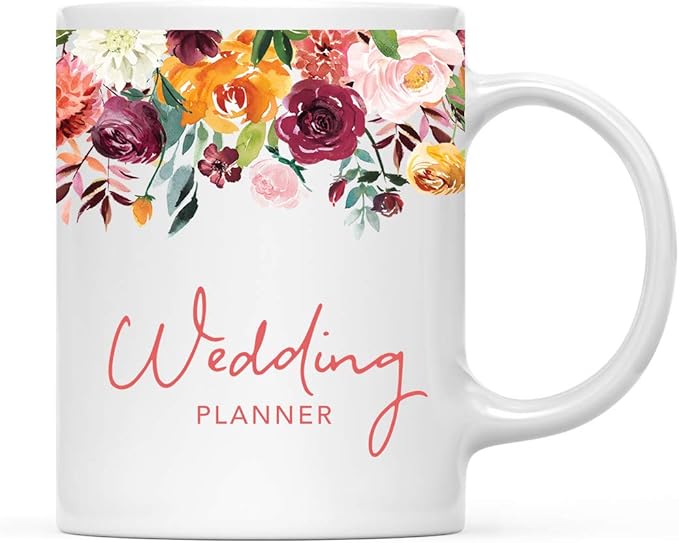 Andaz Press 11oz. Wedding Ceramic Coffee Tea Mug Gift, Fall Autumn Burgundy Orange Peach Flowers Roses Florals, Wedding Planner, 1-Pack, Includes Gift Box