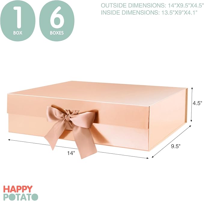 HAPPY POTATO Large Gift Box with Lid and Ribbon 13.5x9x4.1 Inches, Bridesmaid Proposal Boxes, Rose Gold Gift Boxes for presents (Glossy Rose Gold)