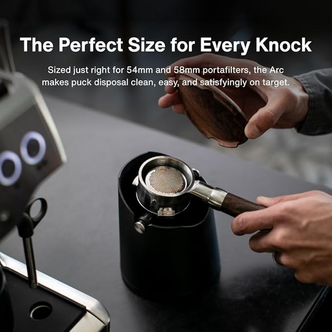 Crema Coffee Products Arc Knock Box | Holds 12–16 EspressoPucks|Durable,Stain-ResistantBuild withNon-Slip Base|Elegant WalnutPlastic Lid Design| EasyClean-Up &Moisture Control|BlackPlasticLid Finish