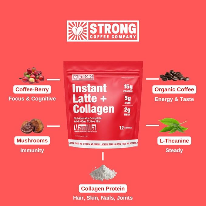 STRONG COFFEE COMPANY Instant Vanilla Latte – 15g Protein Coffee with Collagen, MCT Powder, L-Theanine & Adaptogens, Nootropic Energy, No Crash, No Jitters (12 Servings)