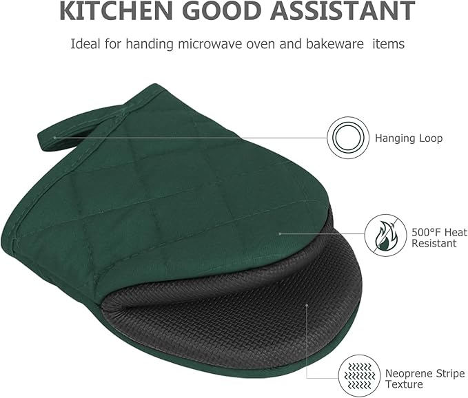 1 Pair Short Oven Mitts - Silicone Kitchen Oven Gloves High Heat Resistant 500℉, Mini Oven Mits with Non-Slip Grip Surfaces and Hanging Loop for BBQ, Baking, Cooking and Grilling (ArmyGreen)