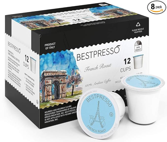 Bestpresso Coffee, French Roast Single Serve K-Cup Pods, Dark Roast, 96 Count (Compatible With 2.0 Keurig Brewers) 8 Packs Of 12 Cups