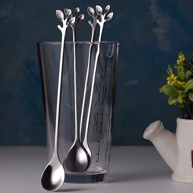 AnSaw 6-Piece Elegant Silver Leaf Long Handle Teaspoons - 7.4" Stainless Steel Stir Spoons for Coffee & Tea, Perfect for Mixing & Stirring