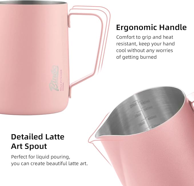 Pink Milk frother - 600ml Milk Frothing Pitcher, Milk Frother Cup Espresso Steaming Pitcher for Barista, Bincoo SUS304 Stainless Steel Espresso Steaming Pitchers for Latte Art/Cappuccino/Coffee/Milk