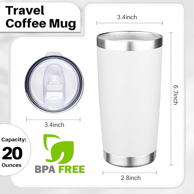 20oz Tumbler with Lid Double Wall Vacuum Insulated Travel Coffee Mug Stainless Steel Thermal Cup Powder Coated Sturdy Coffee Tumbler Bulk for Hot and Cold Beverage (White,6)
