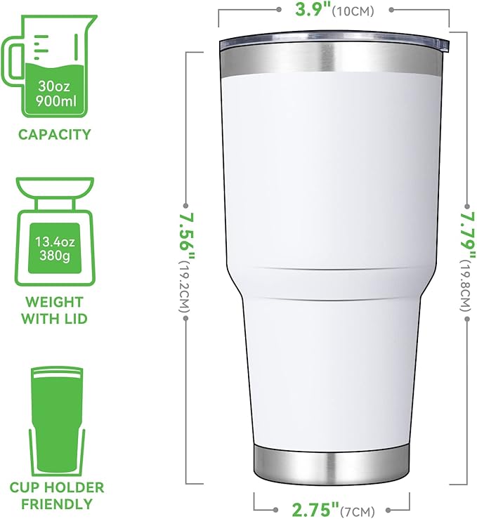 DOMICARE 30 oz Tumbler with Lid and Straw, Stainless Steel Tumblers Bulk, Insulated Vacuum Double Wall Travel Coffee Mug, Durable Powder Coated Tumbler Cups (White, 12)