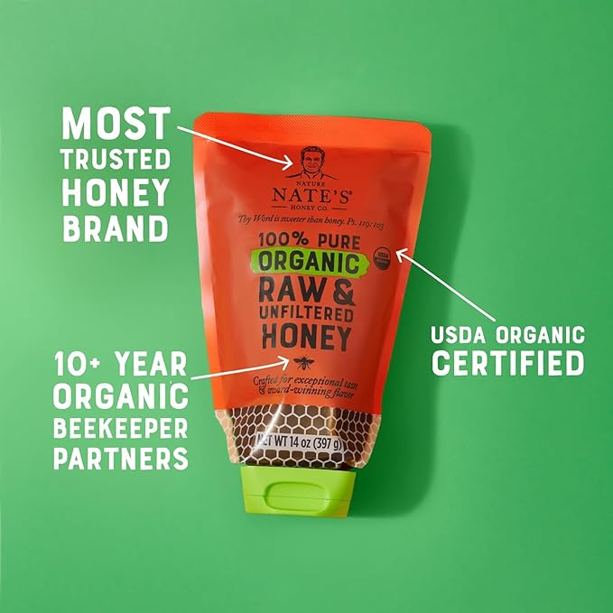 Nature Nate's 100% Pure USDA Organic Raw & Unfiltered Honey, 14 oz. No-Drip Sustainable Squeeze Pouch; Purity Guarantee, No Additives