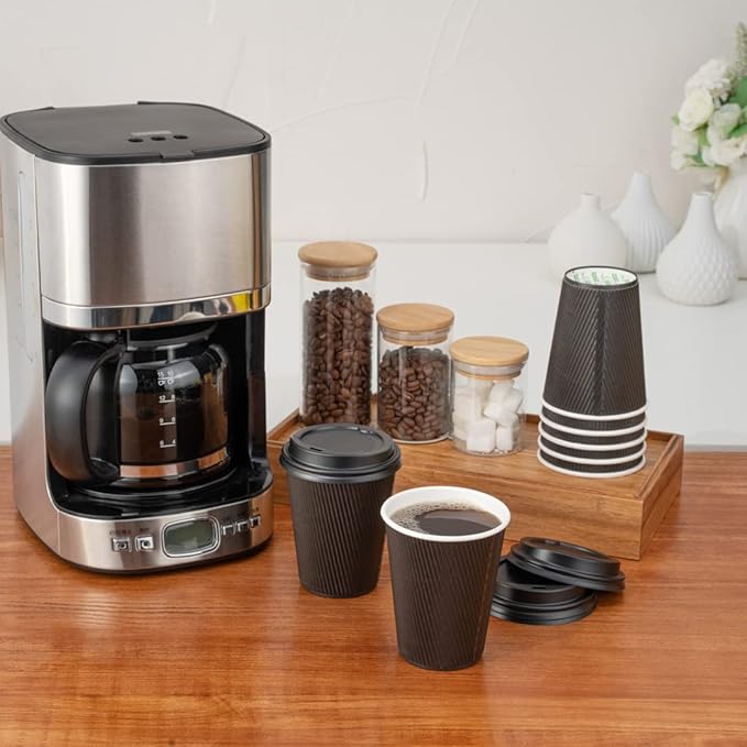 Restaurantware 8 Ounce Disposable Cups Pack of 25 Double Wall Hot Cups–Lids Sold Separately, Designed with a Rippled Wall and Black Paper Insulation, Ideal for Coffee, Hot Chocolate, and Tea