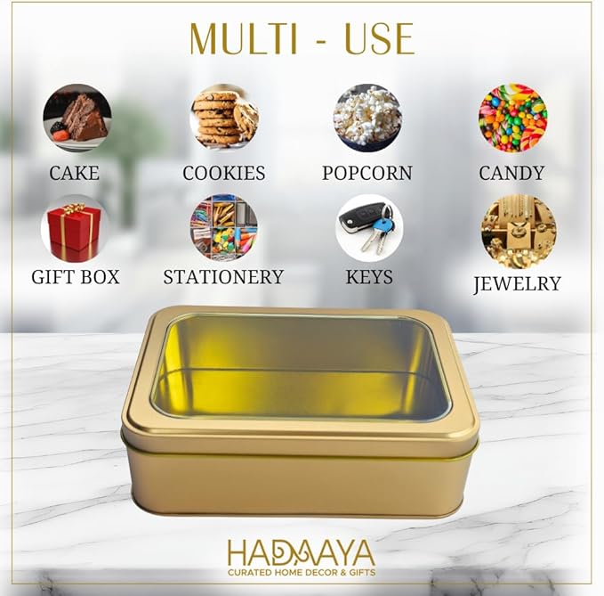 Gold Metal Tin Box With Clear Lid – Multipurpose Tin Storage Container for Cookies,Jewelry, Crafts, Pills, Gifts, Pencils and More - 7.25 x 5.25 x 2.25 Inches