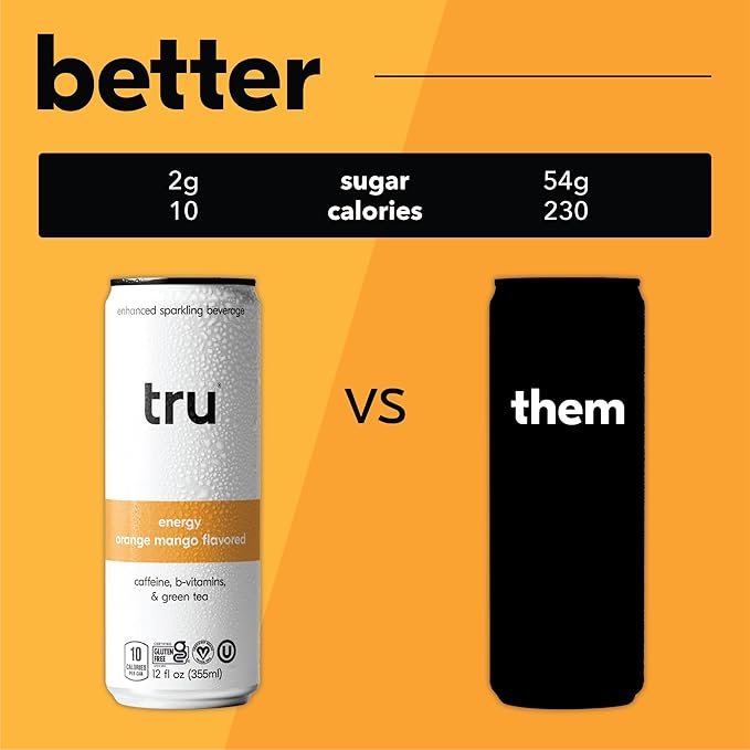 Tru Energy Seltzer, Sparkling Water with Natural Caffeine, Orange Mango Juice, Green Tea Extract & B Vitamins, Lightly Carbonated Energy Drink, Gluten Free, Vegan, Low Calorie, 12 FL OZ Cans, 12 Pack