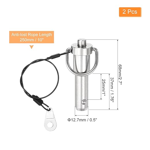 uxcell 2 Pcs Quick Release Pin, 1/2" x 1"(Dia. x L) Push-Button Ball Locking Pin 304 Stainless Steel Ring Handle Locking Pin with Wire for Audio Bimini Top Marine, Silver