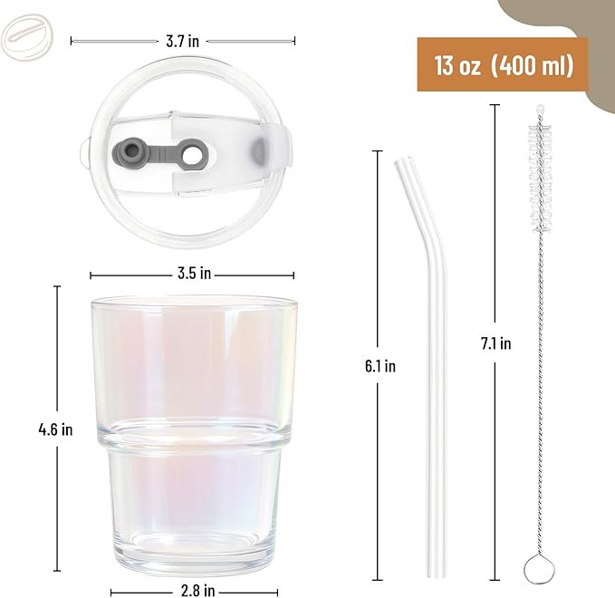 13 oz Glass Tumbler with Glass Straw and Lid, Leak-Proof Reusable Travel Cup for Iced Coffee, Tea, Matcha, Fruit Juice – Thick Wall Clear Water Bottle (Gray, 2 Pack)