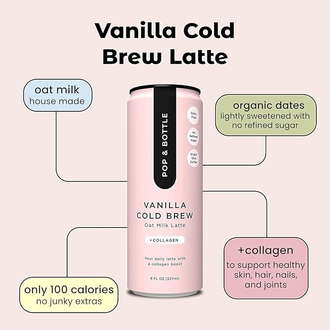 Pop & Bottle Classic & Vanilla Oat Milk Lattes - Cold Brew, Marine Collagen & Antioxidants, MCT Oil, Organic, Dairy Free, Gluten Free, Lightly Sweetened with Dates - 8 Fl Oz (Pack of 12), 6 Each