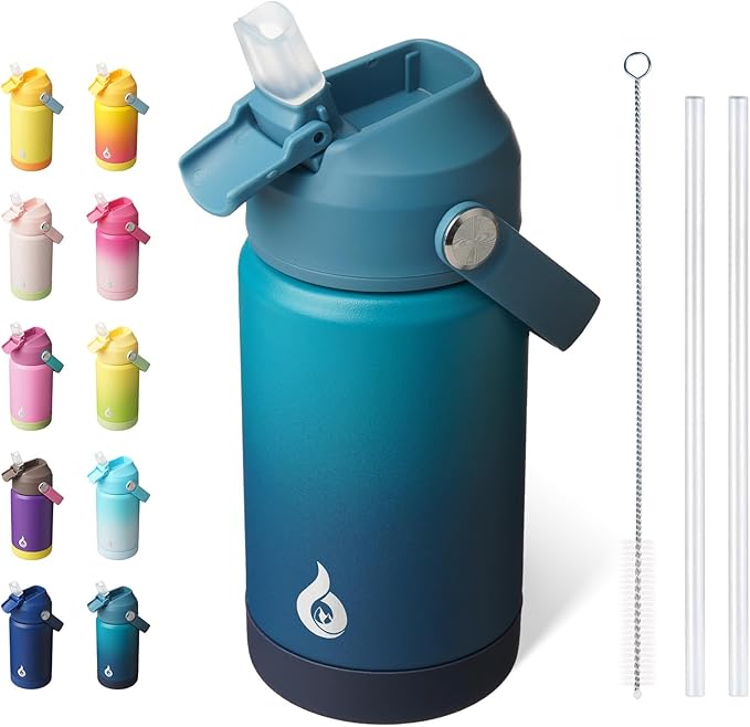 BJPKPK Insulated Water Bottle with Straw Lid, 12oz Thermos Water Bottles with Soft Nozzle, Flex Handle & Non-slip Boot, BPA Free Leak Proof Stainless Steel Metal Thermos, Tumblers, Cups,Vast