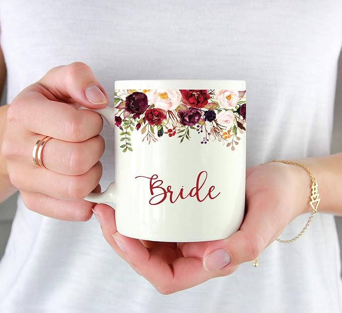 Andaz Press 11oz. Wedding Ceramic Coffee Tea Mug Gift, Fall Autumn Marsala Burgundy Flowers Roses Florals, Bride, 1-Pack, Includes Gift Box