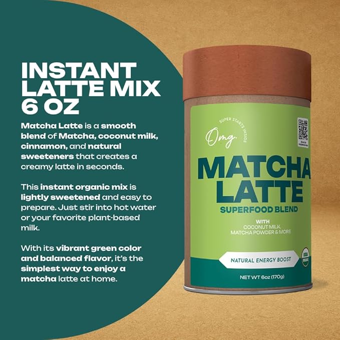 OMG Superfoods Certified Organic Matcha Latte Instant Mix 6 oz – Matcha Powder Blend | Stir & Enjoy in Seconds, USDA Organic