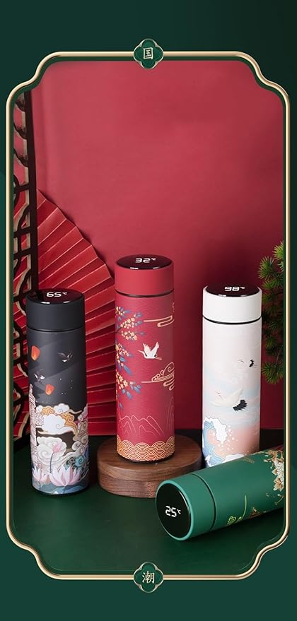 Insulated Coffee Tea Travel Thermos Mug Water Bottle with Removable Strainer and Temperature Featuring Elegant Asian Art Design - 16.9 fl oz (Teal)