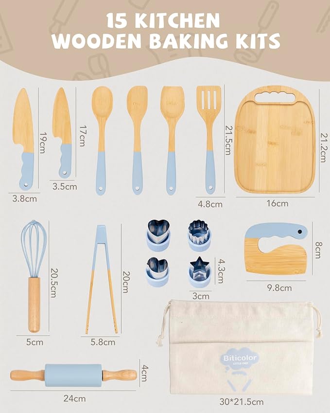 Wooden Kids Cooking Set Montessori Kit - Real Toddler Kitchen Tools & Baking Utensils - 15PCS Cooking Kit for Kids with Storage Bag, Great Gift for Pretend Play & Montessori Learning (Blue)