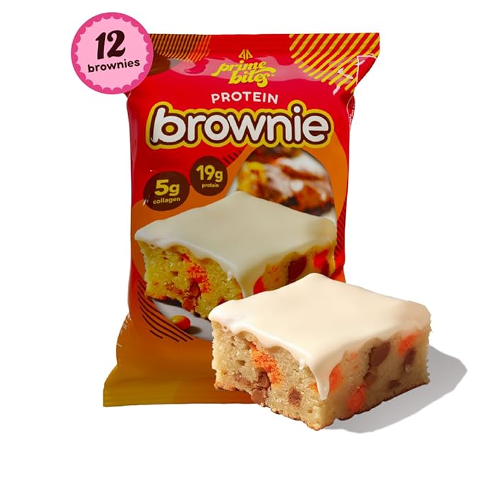 Prime Bites Protein Brownie from Alpha Prime Supplements | High Protein, Collagen Fortified Low Sugar Treat | Delicious Snack | 12 Bars per Box (Peanut Butter Candy Crunch)