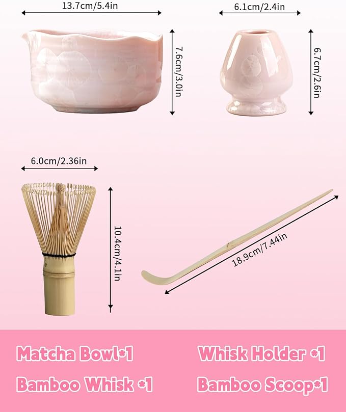 Natural Crystal Flower Matcha Set - 4 Pcs Food Grade Matcha Kit with Spouted Bowl, Matcha Whisk, Scoop and Chasen Holder - Matcha Tea Ceremony Gift for Matcha Lovers (Sakura Whisper)