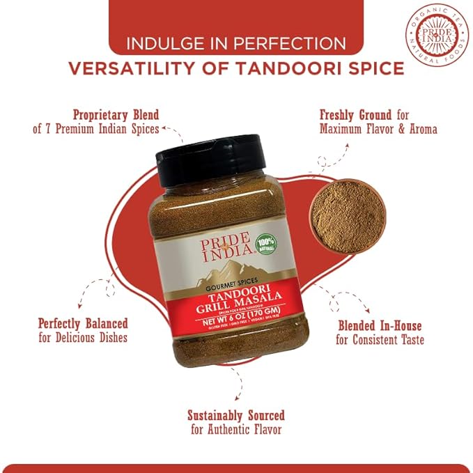 Pride of India – Tandoori Grill Masala – Blend of Exotic & Gourmet Spices – Ideal for Vegetable, Meat & Chicken Cooking – GMO Free – Easy to Use - 7 oz. Medium Dual Sifter Bottle