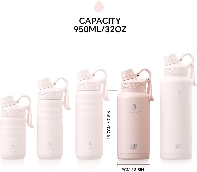 IDEUS Insulated Stainless Steel Water Bottle with 2 Leak-Proof Lids, Thermal Water Flask for Hiking Biking, 32oz, Light Pink