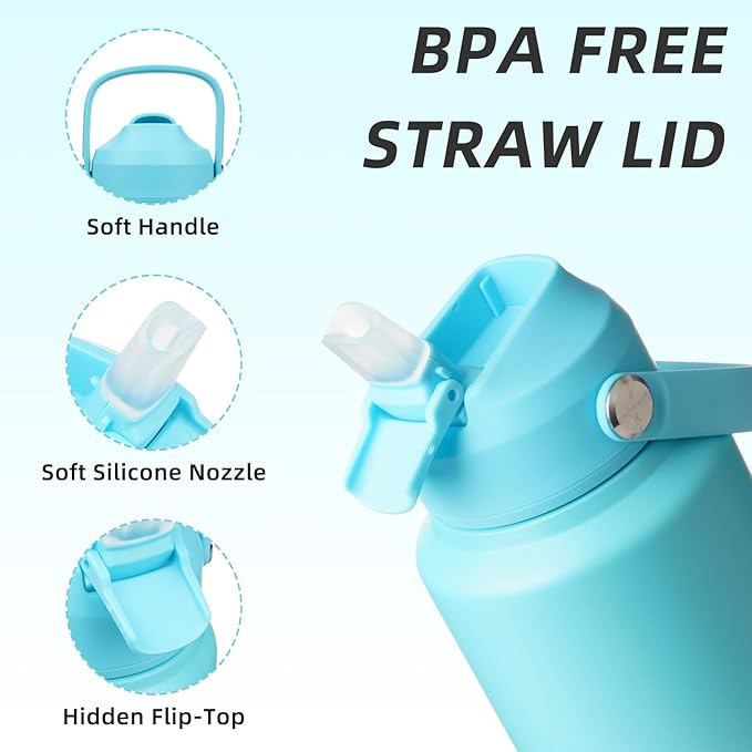 BJPKPK Insulated Water Bottle with Straw Lid, 40oz Large Thermos, BPA Free Leak Proof Stainless Steel Metal Water Bottles, Tumblers, Cups, Flasks for Travel, Sports,Sea Salt