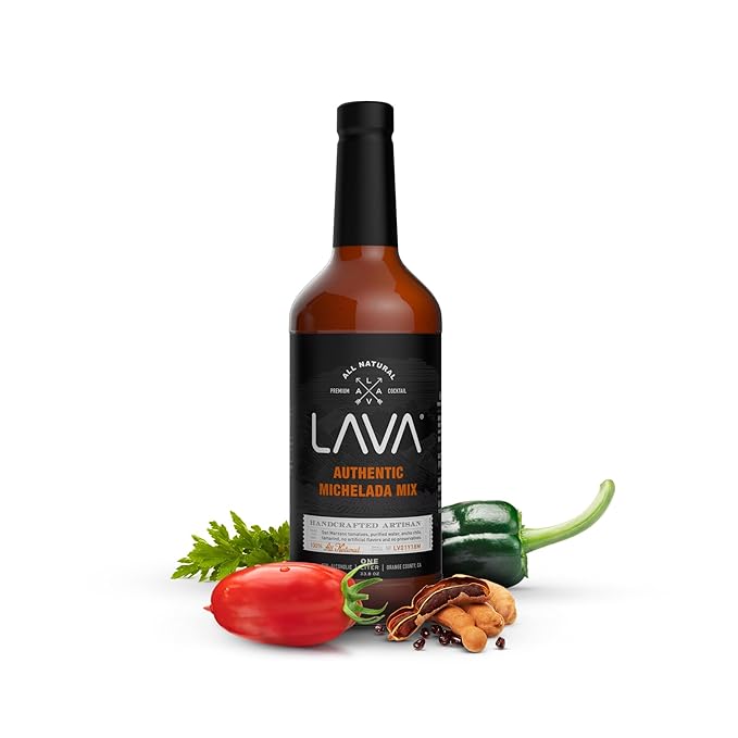 LAVA All Natural Authentic Michelada Mix Craft Cocktail Mixer, Made with Real Tomatoes, Ancho Chile Peppers, Tamarind, No Junk Ingredients, Vegan, 1-Liter (33.8oz) Glass Bottle, Ready to Use