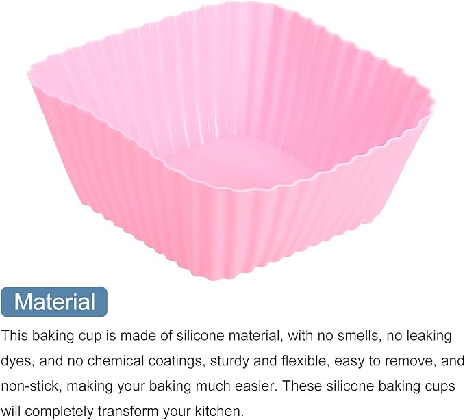 uxcell 18Pcs Silicone Cupcake Baking Cups, Silicone Muffins Liners Non-Stick Square Baking Cups, for Cooking Eggs Baking Muffins and Make a Cake(Pink)