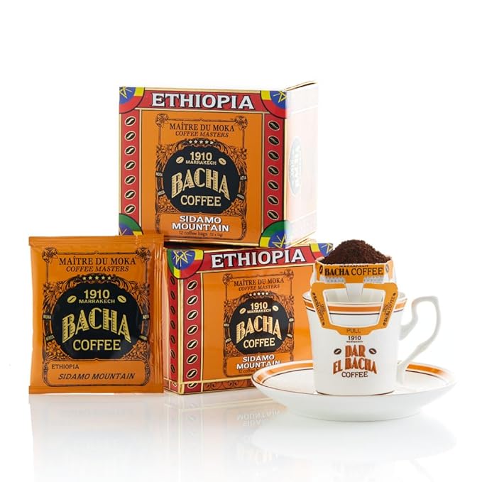 Bacha Coffee | Sidamo Mountain Ethiopia Single Origin, Medium Dark Roast, 100% Arabica Specialty Coffee, 12 Coffee Drip Bags, Gift Box