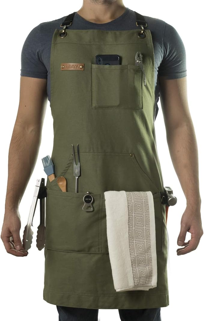 Asaya Chef and BBQ Apron with Bottle Opener and Hand Towel - 10oz Cotton Canvas, Stainless Steel Hardware - Cross Back Straps