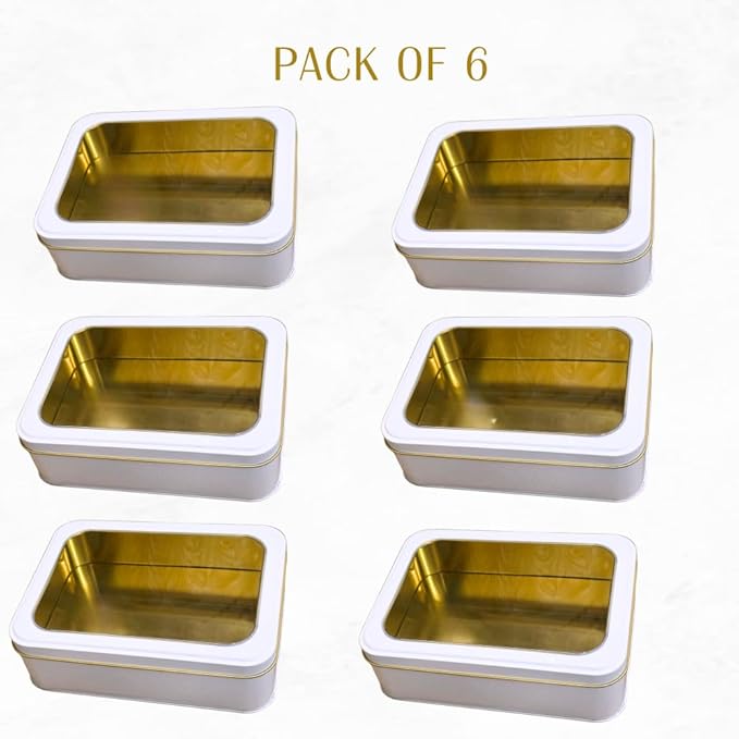Pack of 6 Pearl White Rectangular Tin Container With Clear Lid, Multipurpose Tin Box, Festive Tin Box for Gift Giving, Cookies, Stationery & More - 7.25 x 5.25 x 2.25 Inches