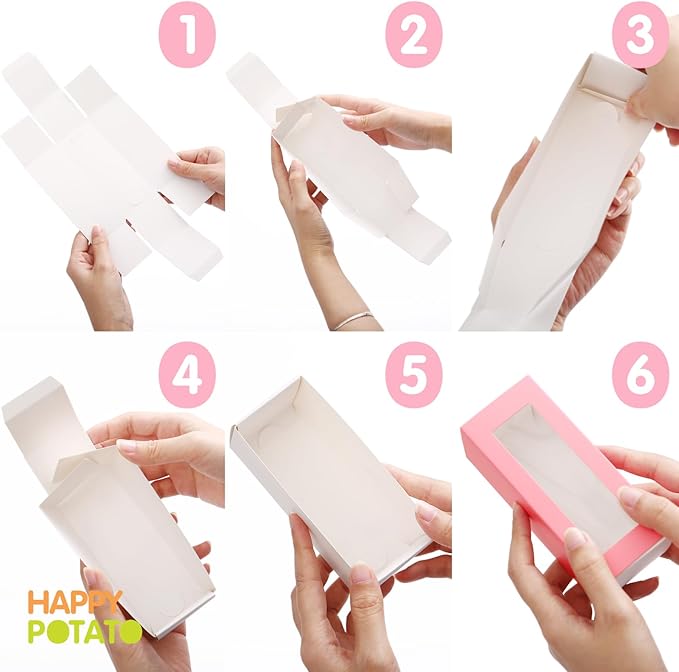 HAPPY POTATO 30 Pack Macaron Boxes for 4 or 5, 4×1.9×1.9 Inches, Macaron Packaging Boxes, Pink Macaron Box with Clear Window, Macaron Container Gift Boxes with Ribbon