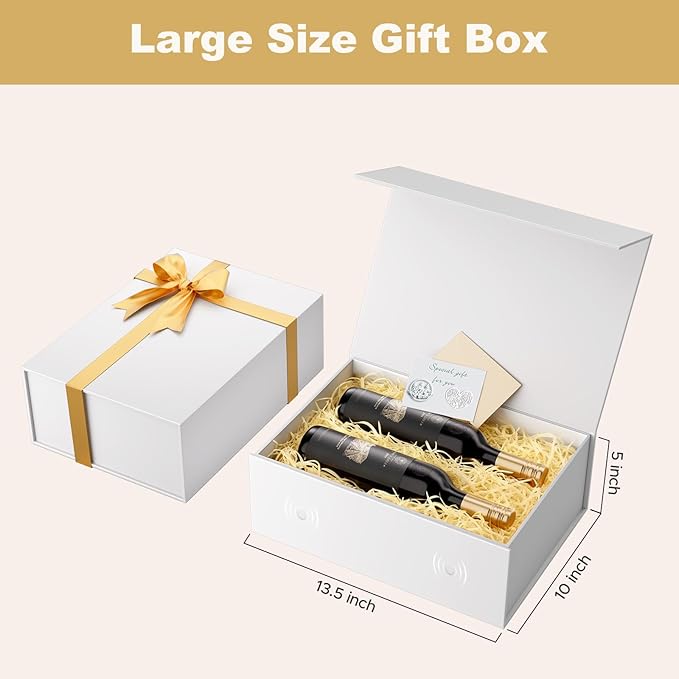 HongCai printing Large Gift Box with Lids White: 2 Pack 13.5×10×5 Inches Packaging with Magnetic Lid - Holds Valentines Christmas Bridesmaid Gifts - Ideal for Couples Friends Family