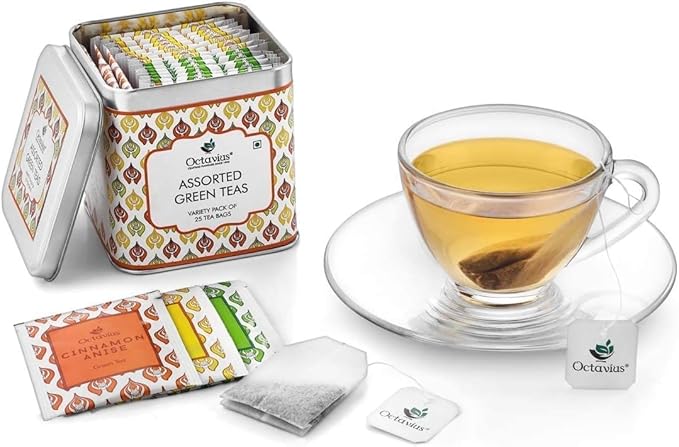 Octavius Green Tea Variety Pack | 3 Assorted Green Teas – Lemon Honey, Cinnamon Anise & Pure Green | 25 Tea Bags Each | Detox & Antioxidant-Rich | Tea Sampler Pack | Pack of 4