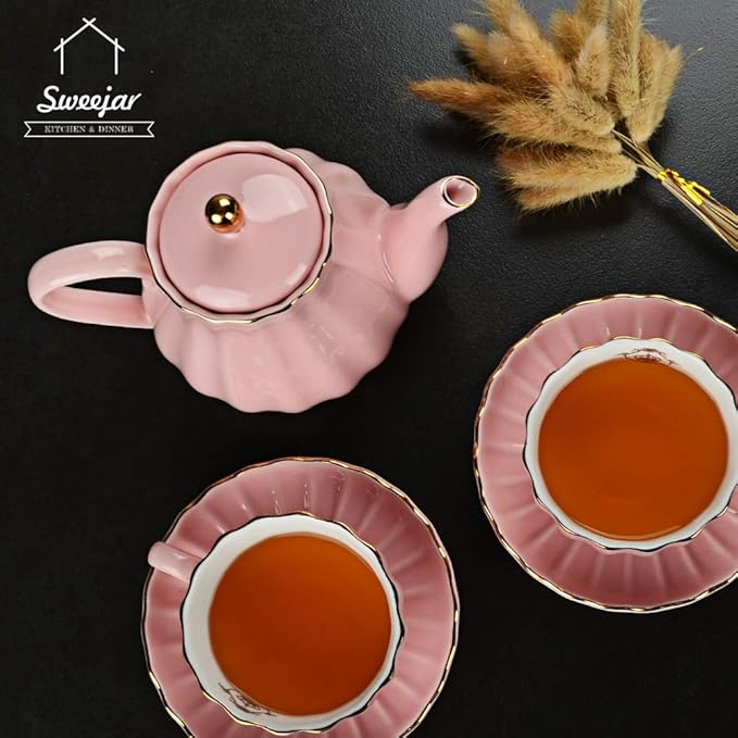 Sweejar Royal Teapot, Ceramic Tea Pot with Removable Stainless Steel Infuser, Blooming & Loose Leaf Teapot - 28 Ounce(Pink)