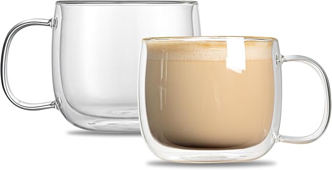 Restaurantware-Forma Professional 16.9 Ounce Double Wall Coffee Mugs, 2 Insulated Coffee Mugs With Handle - Dishwashable, Reusable, Clear Glass Beverage Cups, Freezable, For Hot Or Cold Beverages