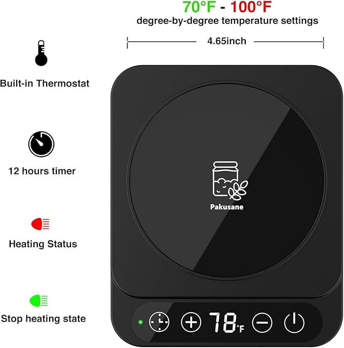 Pro Sourdough Starter Warmer Mat 3.0 – Sourdough Heating Mat Precise 1°F Thermostat (70–100°F), Auto Heating On/Off, 12H Timer, Ideal for Consistent Fermentation in Any Kitchen Basic-BLK