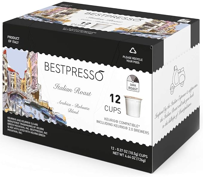 Bestpresso Coffee, Italian Roast Single Serve K-Cup Pods, Dark Roast, 96 Count (Compatible With 2.0 Keurig Brewers) 8 Packs Of 12 Cups
