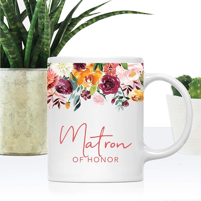 Andaz Press 11oz. Wedding Ceramic Coffee Tea Mug Gift, Fall Autumn Burgundy Orange Peach Flowers Roses Florals, Matron of Honor, 1-Pack, Includes Gift Box
