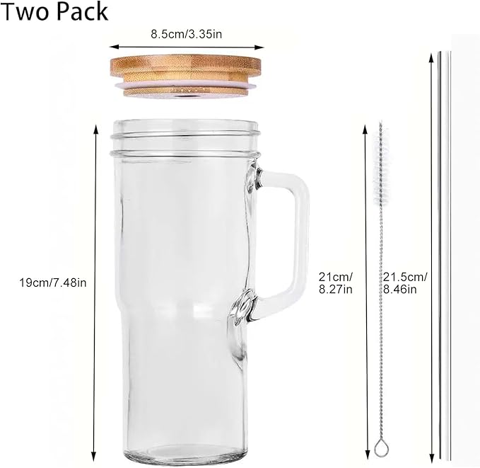 24oz Mason Jar Cups with Handle, Clear Glass Tumbler with Bamboo Lid and Straw, 2 Pack Glass Iced Coffee Cup with Lids, Cold Drinking Glasses for Iced Coffee, Juice, Bubble Tea,cola