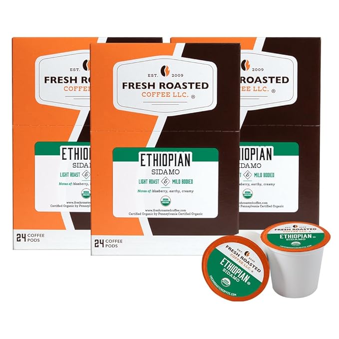 Fresh Roasted Coffee, Organic Ethiopian Sidamo | Fair Trade, USDA Organic, 100% Single Origin, Kosher | Light Roast 72 Pods for K Cup Brewers