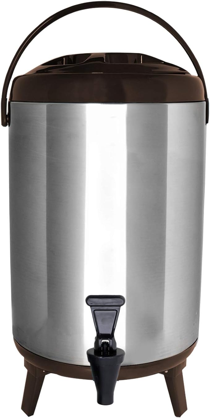Stainless Steel Insulated Beverage Dispenser – Insulated Thermal Hot and Cold Coffee Carafe – 10 Liter Drink Dispenser with Spigot for Hot Water, Tea & Coffee, Cold Milk, Juice & More BROWN