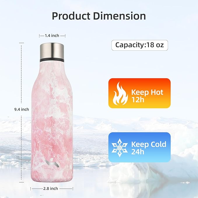 Insulated Water Bottle with Strap,18 oz Double Wall Stainless Steel Vacuum Bottles Metal Water Flask,Blossom